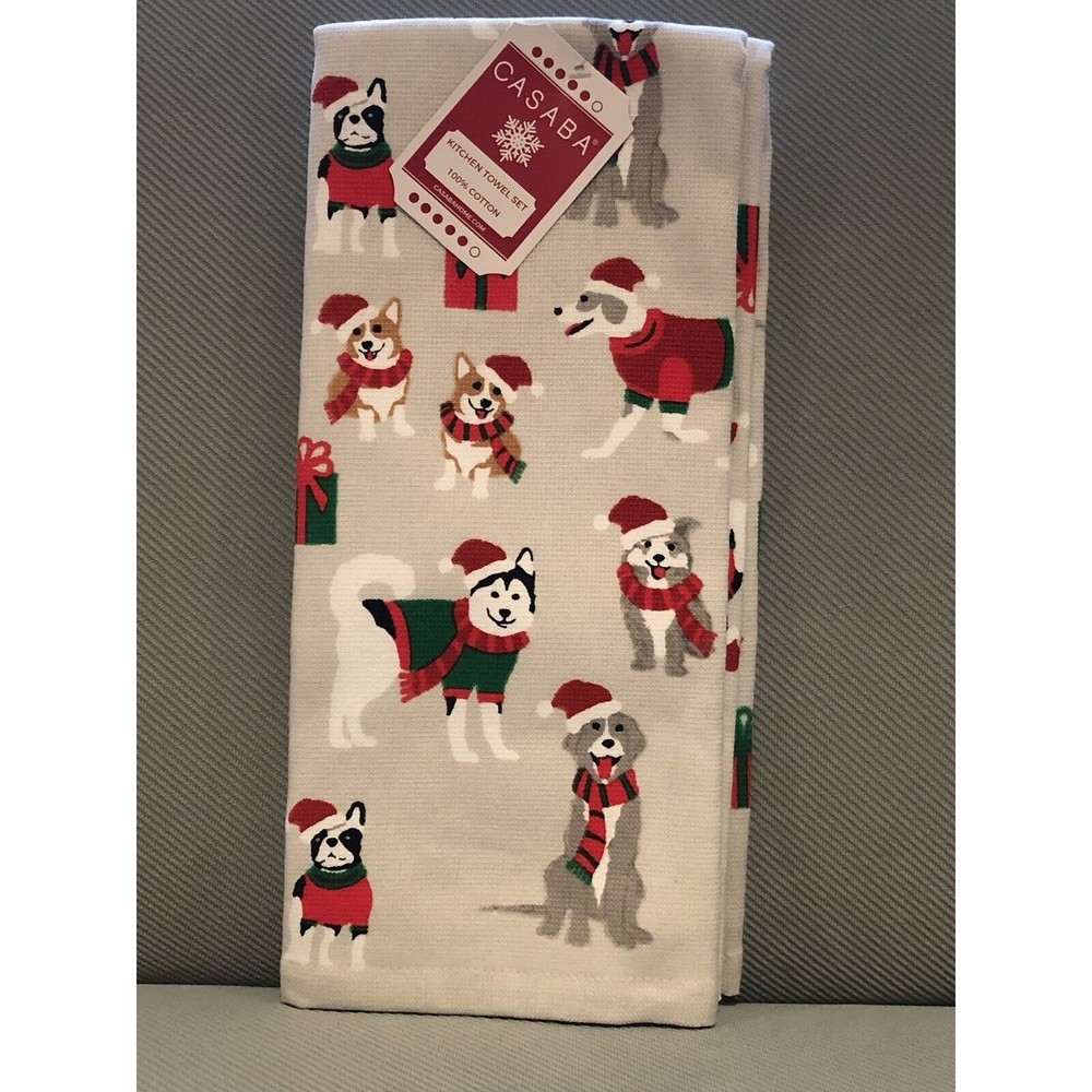 New CASABA Kitchen Towel Christmas Santa Dogs Gray Red Westie Huskey Lab Boxer